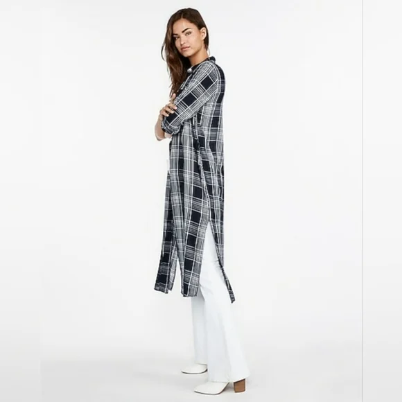 Express Navy and White Plaid Duster Shirt - Picture 4 of 5